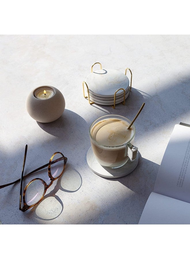 CentraLit طقم كوسترات رخامية بيضاء دائرية من سنترا ليت - 4 قطع مع حامل - كوسترات بار نبيذ للطاولة - طقم 4 قطع من كوسترات الرخام اليدوية القديمة مع حامل (شكل دائري) (ذهبي) - Image 2