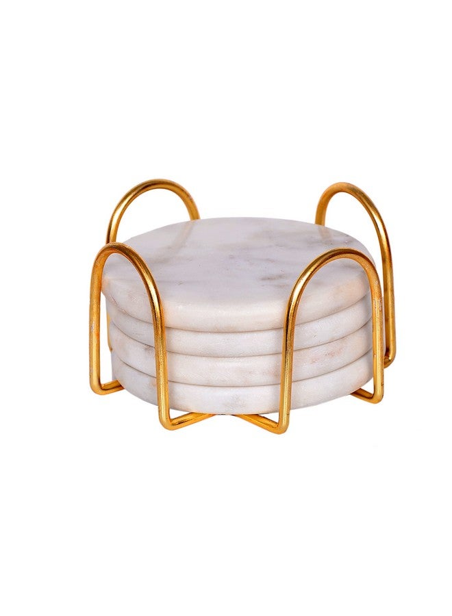 CentraLit طقم كوسترات رخامية بيضاء دائرية من سنترا ليت - 4 قطع مع حامل - كوسترات بار نبيذ للطاولة - طقم 4 قطع من كوسترات الرخام اليدوية القديمة مع حامل (شكل دائري) (ذهبي) - Image 4