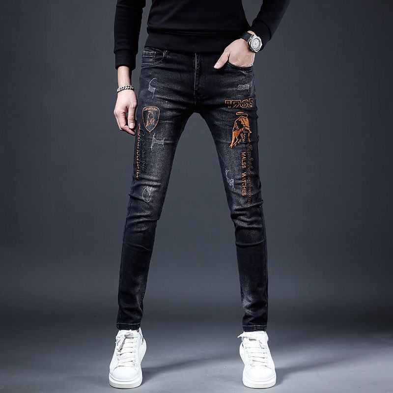 Mens Slim Fit Ripped Jeans with Patches 6622 [embroidery] C black 