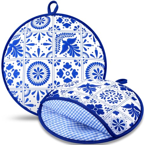 Honeydak 2 Pcs 12 Inch Tortilla Warmer Pouch Microwavable Insulated Cloth Pouch Blue Mexican Talavera Tortillero Fabric Tortilla Keeper Taco Holder for Tortillas Tacos Naan Pizza Rolls - Image 1