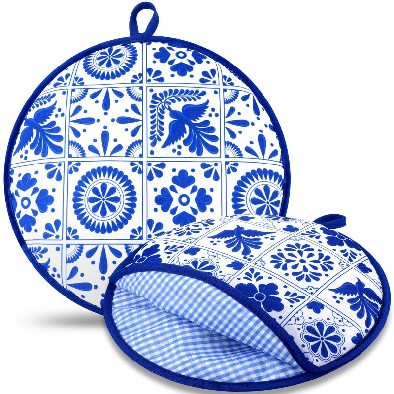 Honeydak 2 Pcs 12 Inch Tortilla Warmer Pouch Microwavable Insulated Cloth Pouch Blue Mexican Talavera Tortillero Fabric Tortilla Keeper Taco Holder for Tortillas Tacos Naan Pizza Rolls - Image 2