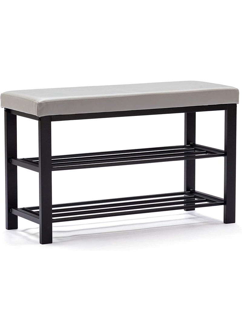 INDIAN DECOR INDIAN DECOR XL45506 Shoe Bench3Tier Shoe Rack Shelf Organiser with Padded Cushion Seat Steel Frame for Entryway Hallway Living Room 8132H50cm Light Grey Faux Leather  - Image 1