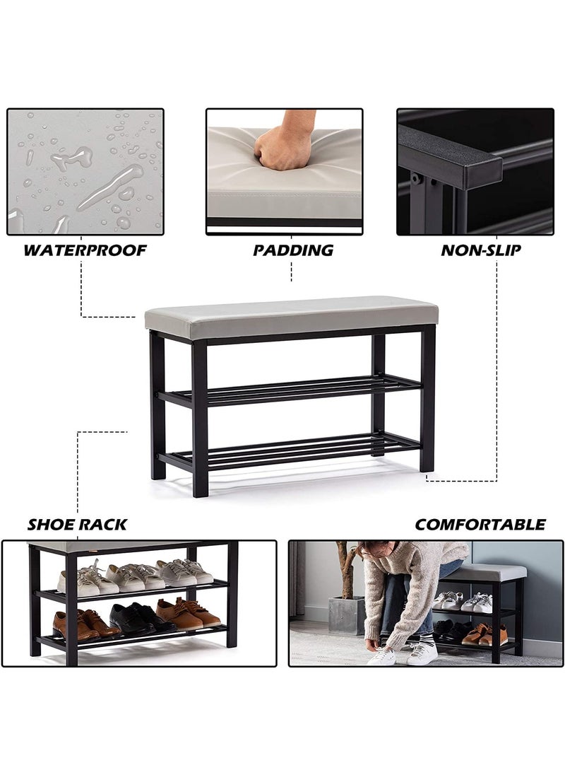 INDIAN DECOR INDIAN DECOR XL45506 Shoe Bench3Tier Shoe Rack Shelf Organiser with Padded Cushion Seat Steel Frame for Entryway Hallway Living Room 8132H50cm Light Grey Faux Leather  - Image 4