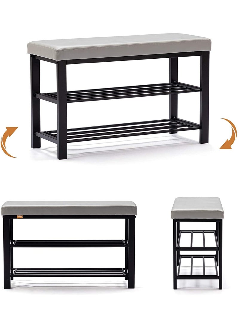 INDIAN DECOR INDIAN DECOR XL45506 Shoe Bench3Tier Shoe Rack Shelf Organiser with Padded Cushion Seat Steel Frame for Entryway Hallway Living Room 8132H50cm Light Grey Faux Leather  - Image 5