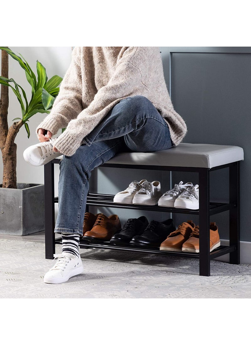 INDIAN DECOR INDIAN DECOR XL45506 Shoe Bench3Tier Shoe Rack Shelf Organiser with Padded Cushion Seat Steel Frame for Entryway Hallway Living Room 8132H50cm Light Grey Faux Leather  - Image 2