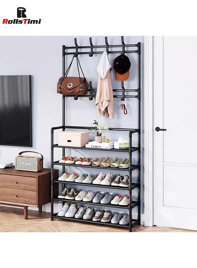 RollsTimi  5 Tier 2 in 1 Freestanding Hallway Coat Rack Versatile Stand Shoe Rack Portable Entryway Hall Tree with Shoe Bench and 8 Hooks Storage Shelf for Bedroom Lving Room - Image 1