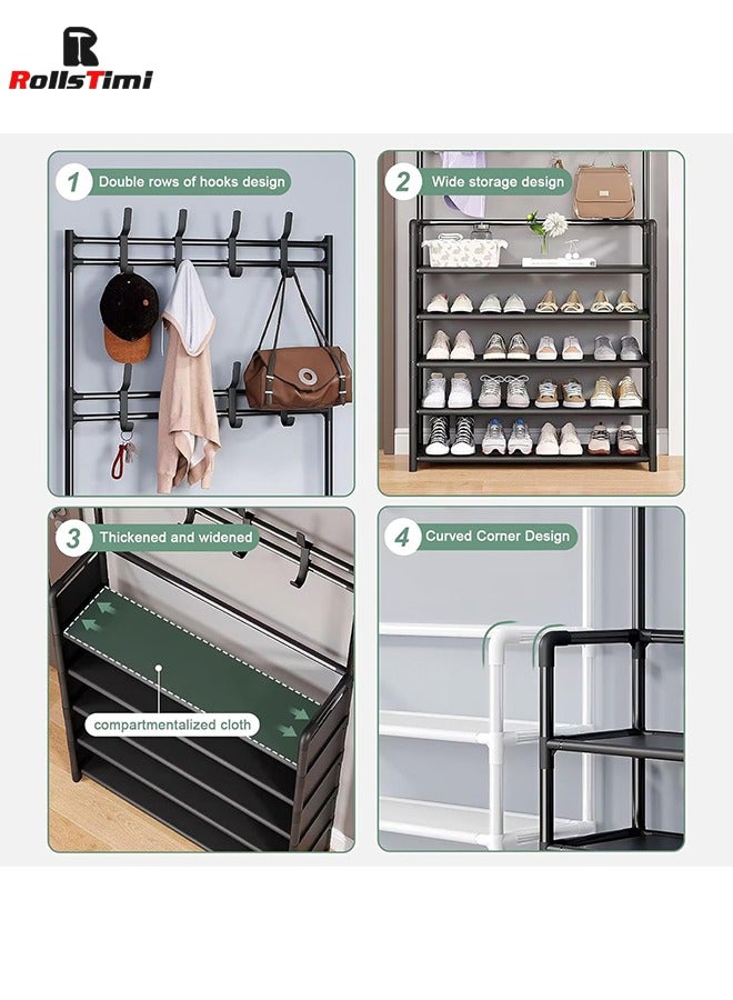 RollsTimi  5 Tier 2 in 1 Freestanding Hallway Coat Rack Versatile Stand Shoe Rack Portable Entryway Hall Tree with Shoe Bench and 8 Hooks Storage Shelf for Bedroom Lving Room - Image 2