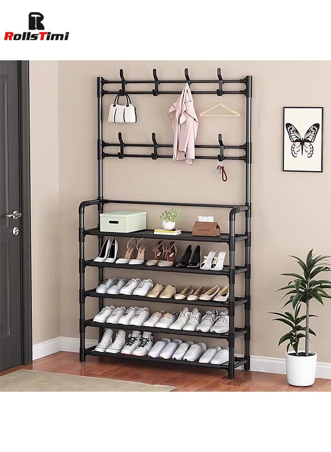RollsTimi  5 Tier 2 in 1 Freestanding Hallway Coat Rack Versatile Stand Shoe Rack Portable Entryway Hall Tree with Shoe Bench and 8 Hooks Storage Shelf for Bedroom Lving Room - Image 3