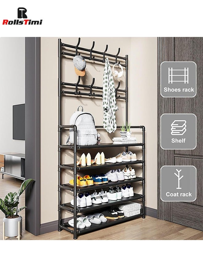RollsTimi  5 Tier 2 in 1 Freestanding Hallway Coat Rack Versatile Stand Shoe Rack Portable Entryway Hall Tree with Shoe Bench and 8 Hooks Storage Shelf for Bedroom Lving Room - Image 5