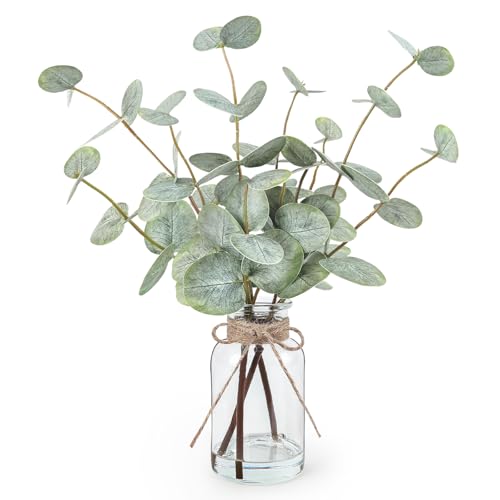 Bessol Artificial Eucalyptus Stems in Glass Vase with Faux Water, 13.5" Fake Plants for Home Decor, Coffee Table Centerpieces, Office, Bathroom & Farmhouse Weddings - Faux Greenery Plants Decorations - Image 1