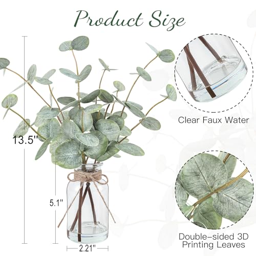 Bessol Artificial Eucalyptus Stems in Glass Vase with Faux Water, 13.5" Fake Plants for Home Decor, Coffee Table Centerpieces, Office, Bathroom & Farmhouse Weddings - Faux Greenery Plants Decorations - Image 2
