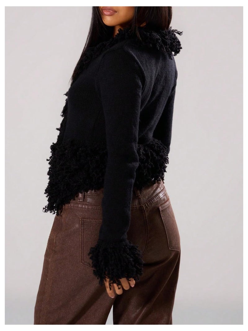 WDIRARA Women's Fuzzy Trim Cardigan Sweater Goth Punk V Neck Long Sleeve Knit Outerwear Black Large - Image 3