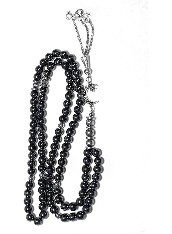 Hematite Prayer Beads (33 Beads) – 8mm Black Stone Rosary with Silver Separators, Metal Closure, Gift Pouch - Image 1