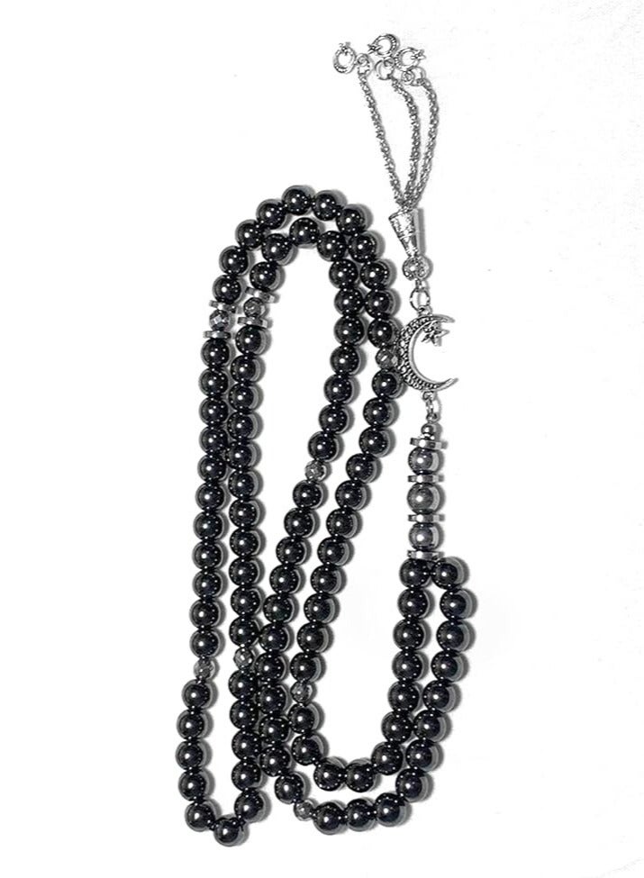 Hematite Prayer Beads (33 Beads) – 8mm Black Stone Rosary with Silver Separators, Metal Closure, Gift Pouch - Image 1