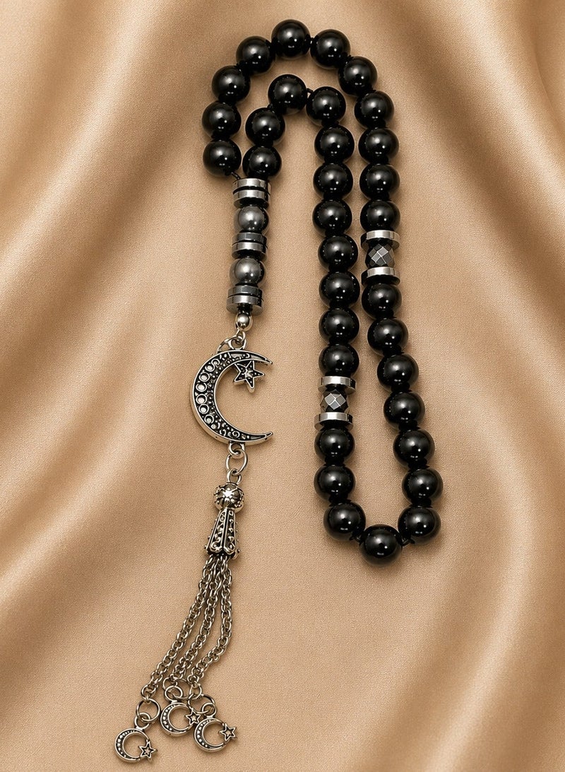 Hematite Prayer Beads (33 Beads) – 8mm Black Stone Rosary with Silver Separators, Metal Closure, Gift Pouch - Image 1