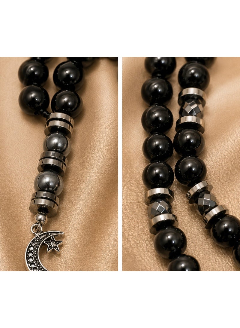 Hematite Prayer Beads (33 Beads) – 8mm Black Stone Rosary with Silver Separators, Metal Closure, Gift Pouch - Image 2
