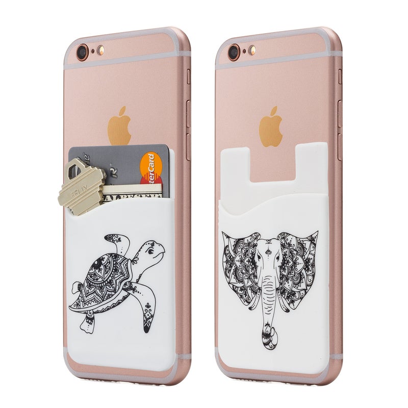 Cardly Elephant & Turtle Design Stick-On Phone Wallet Pocket, Adhesive Card Holder Sleeve (2-Pack) - Image 1