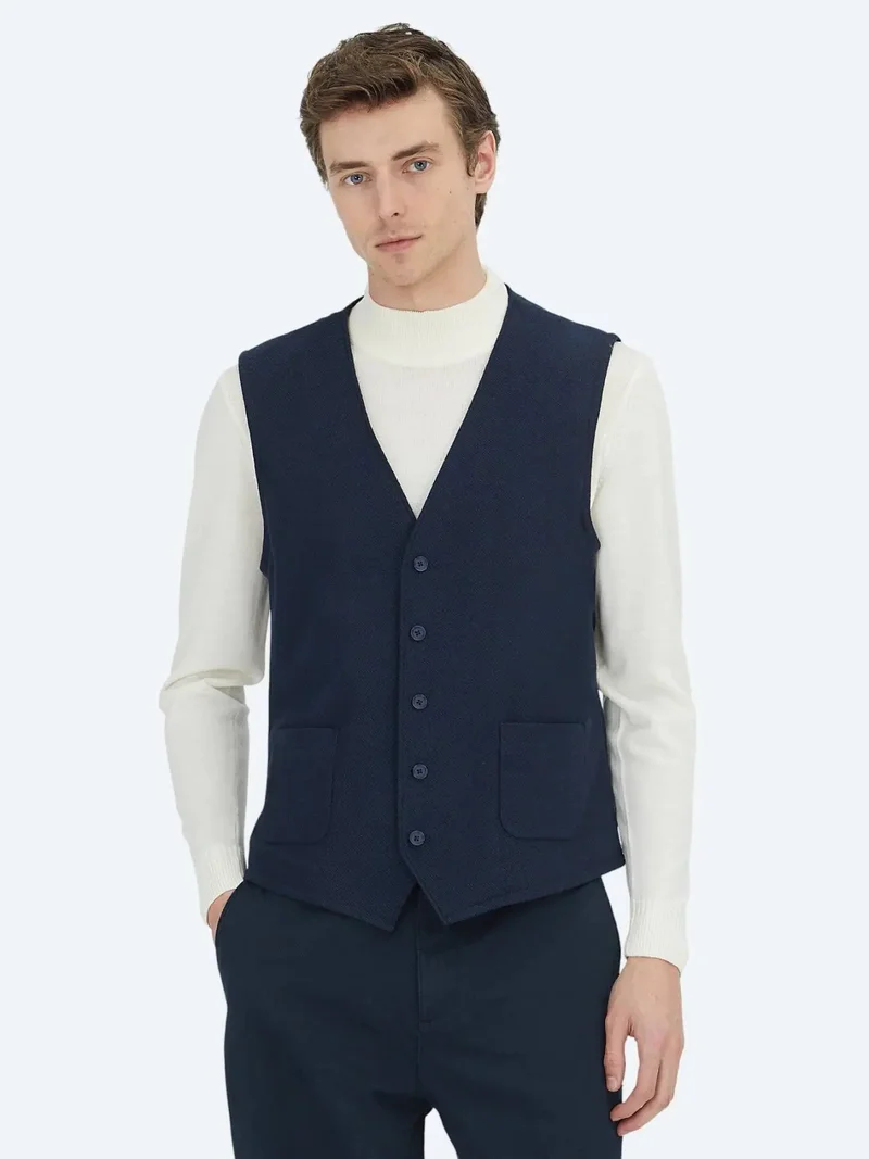 Kip Navy Blue Slim Fit Butterfly Collar Classical Waistcoat