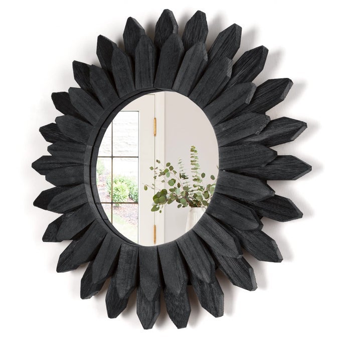 BLACK WALL DECOR WALL MIRROR 12 INCH BOHO WALL DECOR WOOD DECORATIVE MIRROR FOR ROOM DECOR HOME DECOR FOR BEDROOM LIVING ROOM BATHROOM KITCHEN BLACK