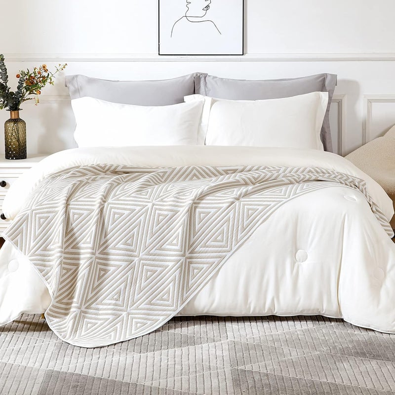 EMME Cotton Twin Quilt - Soft Quilt 6 Layer Soft Thicken 400GSM Large Triangle Jacquard Blanket 60"x 80", Cotton Comforter Twin Size, Perfect for Bed Couch Chair All Seasons (Light Tan,Twin) - Image 3