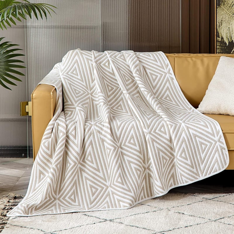 EMME Cotton Twin Quilt - Soft Quilt 6 Layer Soft Thicken 400GSM Large Triangle Jacquard Blanket 60"x 80", Cotton Comforter Twin Size, Perfect for Bed Couch Chair All Seasons (Light Tan,Twin) - Image 2