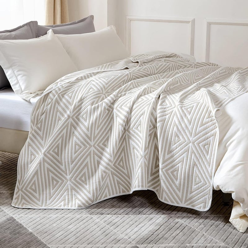 EMME Cotton Twin Quilt - Soft Quilt 6 Layer Soft Thicken 400GSM Large Triangle Jacquard Blanket 60"x 80", Cotton Comforter Twin Size, Perfect for Bed Couch Chair All Seasons (Light Tan,Twin) - Image 1