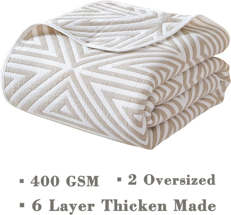 EMME Cotton Twin Quilt - Soft Quilt 6 Layer Soft Thicken 400GSM Large Triangle Jacquard Blanket 60"x 80", Cotton Comforter Twin Size, Perfect for Bed Couch Chair All Seasons (Light Tan,Twin) - Image 4