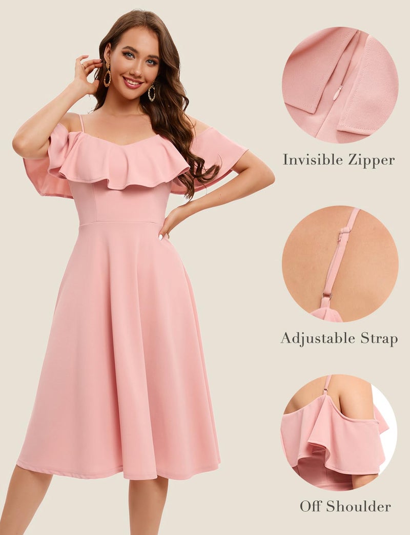 Bbonlinedress Womens Off The Shoulder Homecoming Prom Formal Cocktail Graduation Wedding Guest Bridesmaid Midi Dress Blush XL - Image 4