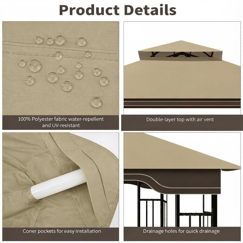 aonear Replacement Gazebo Canopy for 10x12 Regency II Model L-GZ798PST | Heavy-Duty Ripstop Waterproof & UV Protective Top Cover, Khaki - Image 5