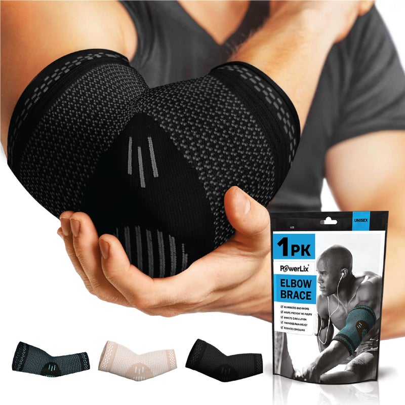 POWERLIX Elbow Brace Compression Support - Elbow Sleeve for Tendonitis, Tennis Elbow Brace and Golfers Elbow Treatment, Arthritis, Workouts, Weightlifting – Reduce Elbow Pain (Black, S) - Image 1