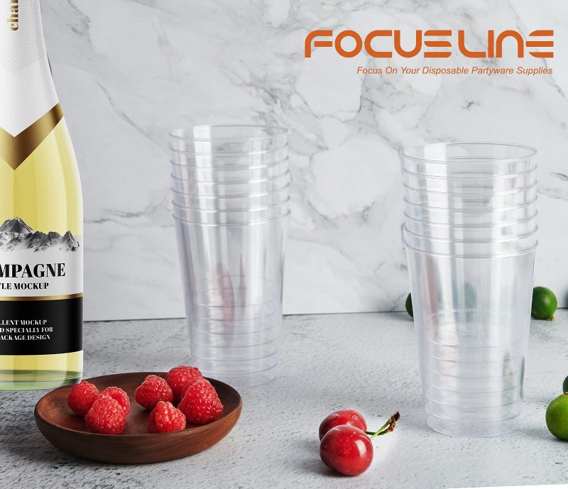 FOCUSLINE 12 oz Clear Plastic Cups, Disposable Heavy Duty Hard Plastic Cups, Reusable, 100 Count - Image 3