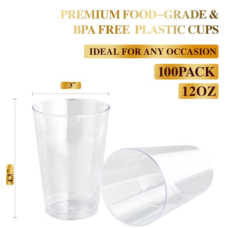 FOCUSLINE 12 oz Clear Plastic Cups, Disposable Heavy Duty Hard Plastic Cups, Reusable, 100 Count - Image 2
