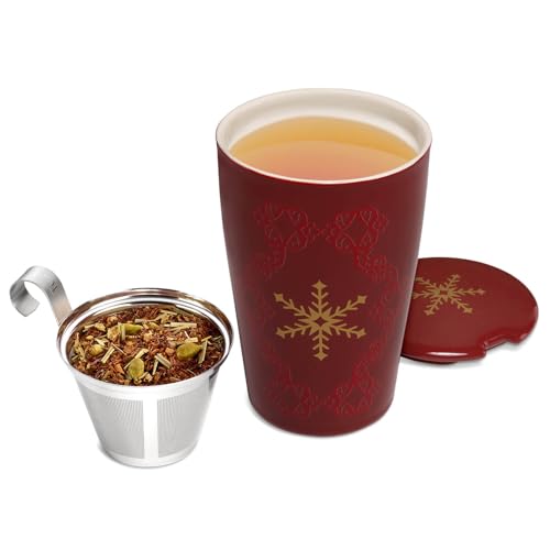 Tea Forte Double-Walled Ceramic Kati Cup, Removable Stainless Steel Infuser Basket and Lid, Steeps 12 oz Loose Leaf Tea, Dishwasher & Microwave Safe, Warming Joy - Image 4