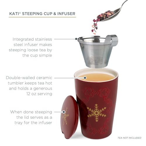 Tea Forte Double-Walled Ceramic Kati Cup, Removable Stainless Steel Infuser Basket and Lid, Steeps 12 oz Loose Leaf Tea, Dishwasher & Microwave Safe, Warming Joy - Image 3