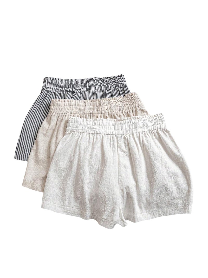WDIRARA Women's 3 Pack Linen Shorts Elastic Waist Comfy Soft Lounge Shorts Beige White Black Small - Image 1