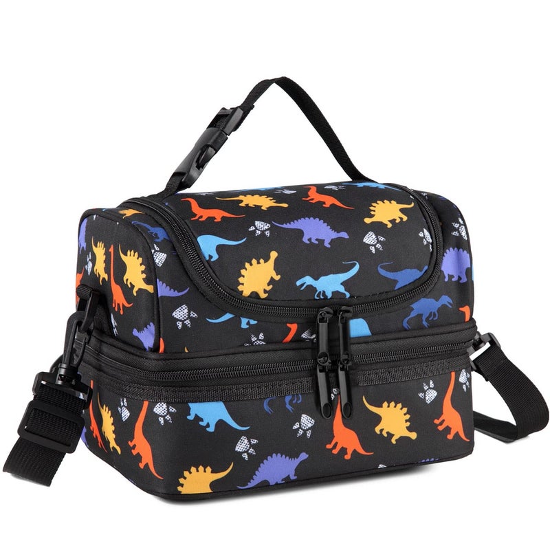 VASCHY Lunch Box Bag Kids Insulated Two Compartments Cooler Bags for Boys Girls w Shoulder Strap for SchoolDaycareKindergartenPicnic Dinosaurs Black