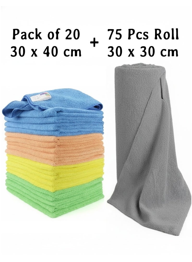 ZAQ Microfiber Cleaning Cloth Multicolour Pack of 20 30x40 centimeter & 75 PCS Microfiber Cleaning Cloth Roll 30x30 cm Tear Easy Sheets, Super Absorbent, Lint-Free & Reusable Towels for Car, Kitchen, Bathroom & Home, Multi-Purpose Cleaning Wipes (Grey)Bundle - Image 1
