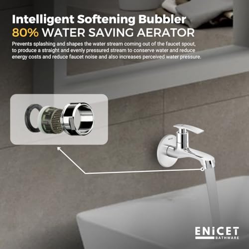 ENICET Brass Tap for Bathroom, with Wall Flange, Bib Cock Short Body, Chrome Finish, 7 Years Warranty, Foam Flow, Bathroom Taps for Home, Water Tap Wall Mounted (SGA10101) - Image 3