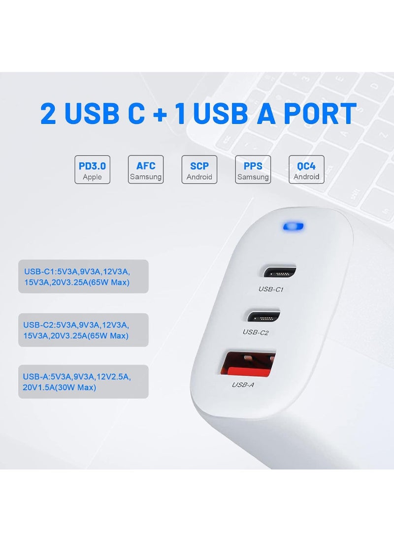 Captaintech 65W GaN USB-C Fast Charger (3-Port PD) - Comp Power Adapter with Cable for MacBook, iPad Air, Samsung Galaxy, Pixel u0026 More - Image 3