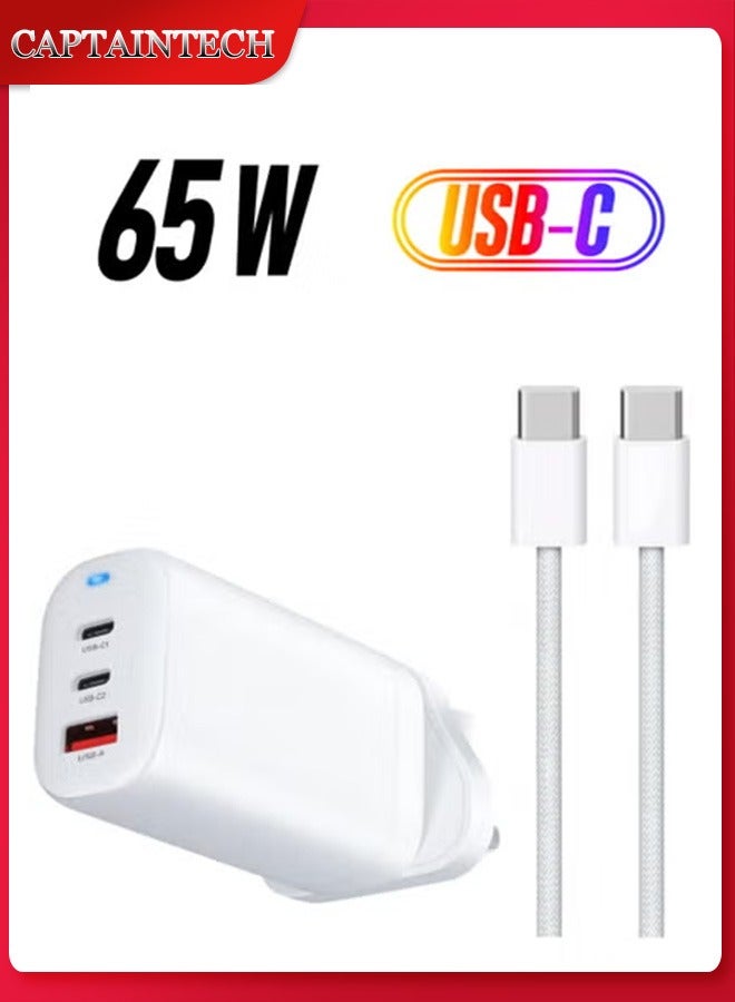Captaintech 65W GaN USB-C Fast Charger (3-Port PD) - Comp Power Adapter with Cable for MacBook, iPad Air, Samsung Galaxy, Pixel u0026 More - Image 1