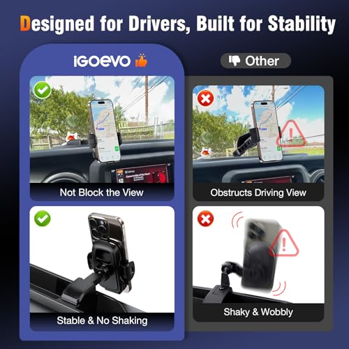 iGoevo Dashboard Phone Mount for Jeep Wrangler JL JLU & Gladiator JT (2018–2023) – Storage Tray Organizer with Metal Clamp Arm & Extension Rod, Scratch-Free Silicone Base, No-Rattle Design, Not for 4xe - Image 4