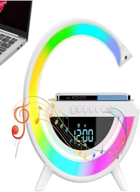 Wireless LED Lamp with Bluetooth Speaker - G Shaped Illuminated Wireless Speaker, Smart LED Table Lamp, Color Changing Timer, Alarm Clock Charger and Bedside Table Lamp Holder for Home, Digital, H