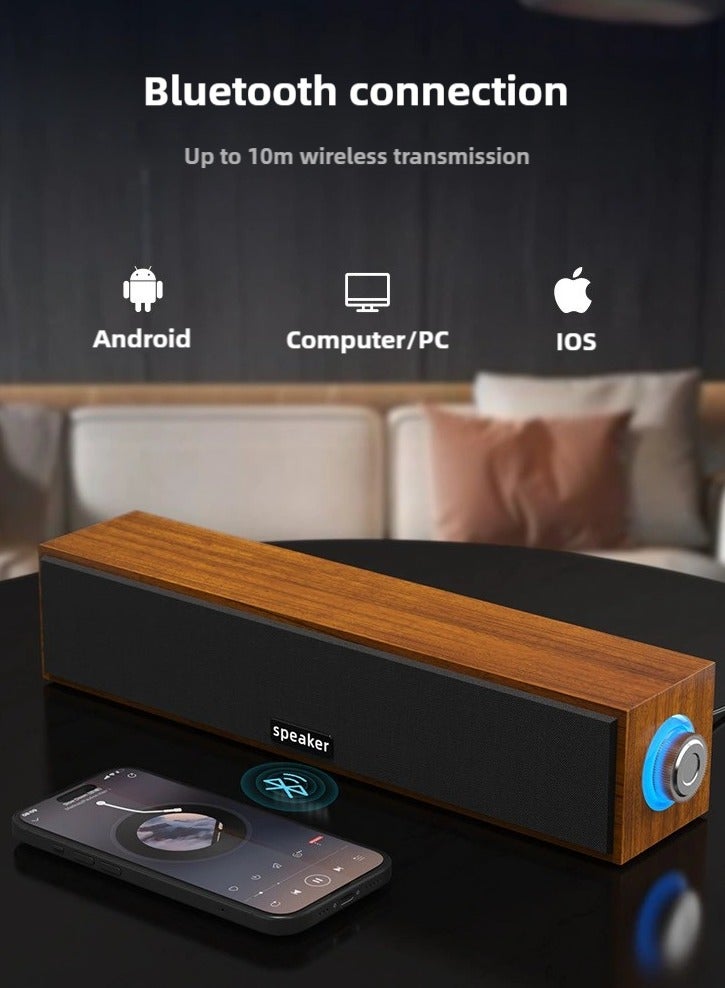 Computer Speaker Bluetooth Speaker, support Bluetooth Connection and 3.5mm AUX Input, USB Powered Wooden Soundbar with Volume Knob - Image 4