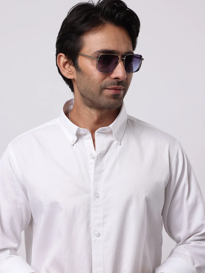 مانياك Maniac Mens Solid Collared Neck Full Sleeve Soft Twill Fabric White Shirt