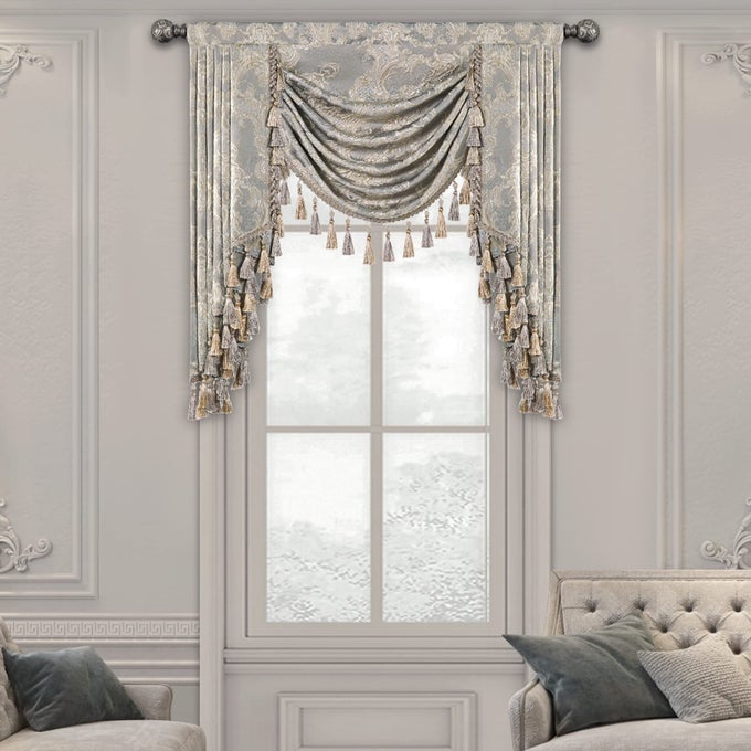 LUXURY WATERFALL VALANCES FOR WINDOWS JACQUARD THICK SWAG WATERFALL CURTAINS VALANCE WITH TASSELS FOR LIVING ROOM BEDROOM PARTY BANQUET DECORATIONS GREY W39 INCH 1 PANEL
