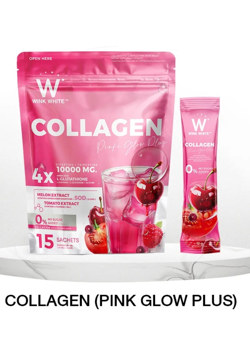 Wink White Collagen Pink Glow Plus | 10,000mg Collagen & Glutathione | Melon & Tomato Extract | 0% Sugar Added | 15 Sachets (12g Each) - Image 1
