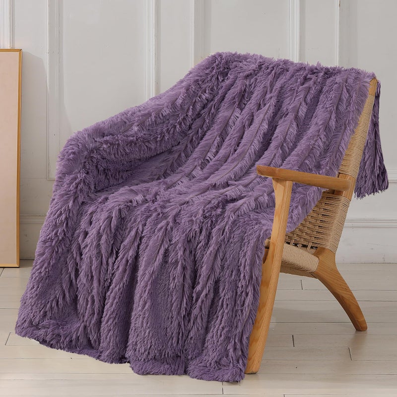 Tuddrom Decorative Extra Soft Faux Fur Blanket Twin Size 70"" x 78"" Solid Reversible Fuzzy Long Hair Shaggy Blanket Fluffy Plush Fleece Comfy Microfiber Blanket for Couch Sofa Bed Patrican Purple - Image 1
