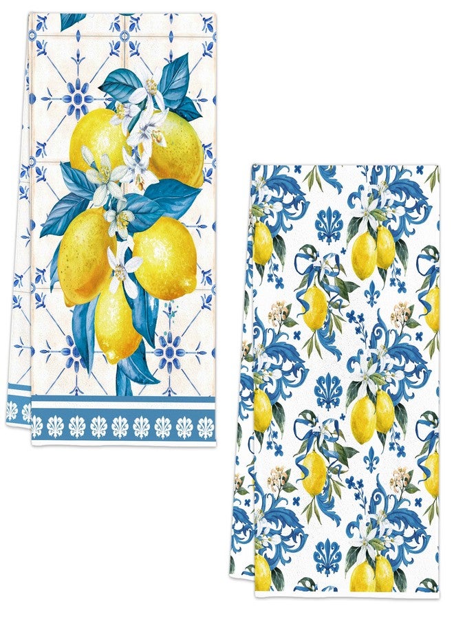 FUTBU Lemon Summer Kitchen Towels, Bule Diamond Check Bamboo Lemon Dish Towels Set of 2 for Bathroom Decor, 18x26Inch Drying Dishcloth Farmhouse Holiday Summer Decoration - Image 1