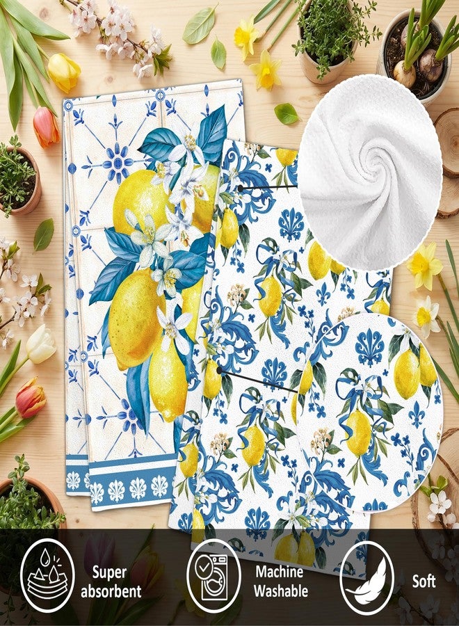FUTBU Lemon Summer Kitchen Towels, Bule Diamond Check Bamboo Lemon Dish Towels Set of 2 for Bathroom Decor, 18x26Inch Drying Dishcloth Farmhouse Holiday Summer Decoration - Image 2