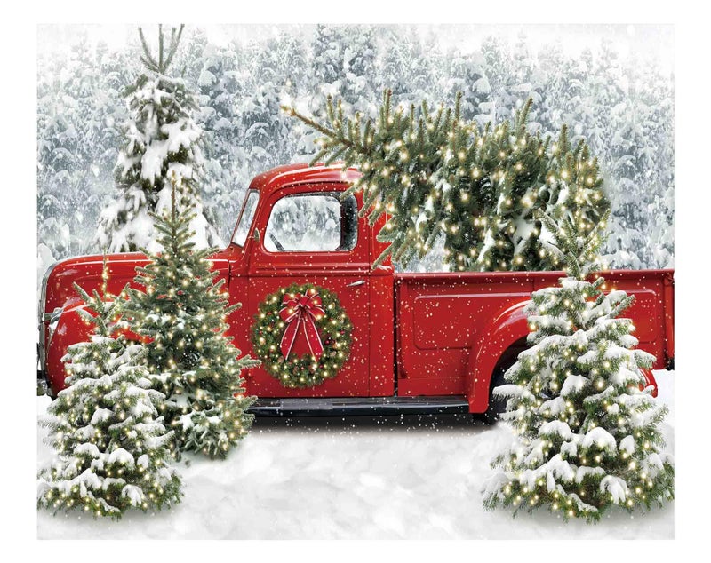 Funnytree 118 x 95 Christmas Red Truck Backdrop Winter Snowy Forest Tree Background Xmas Let it Snow Seasonal Baby Shower Birthday Party Banner Decor Portrait Photobooth Prop Gift Supplies Favors